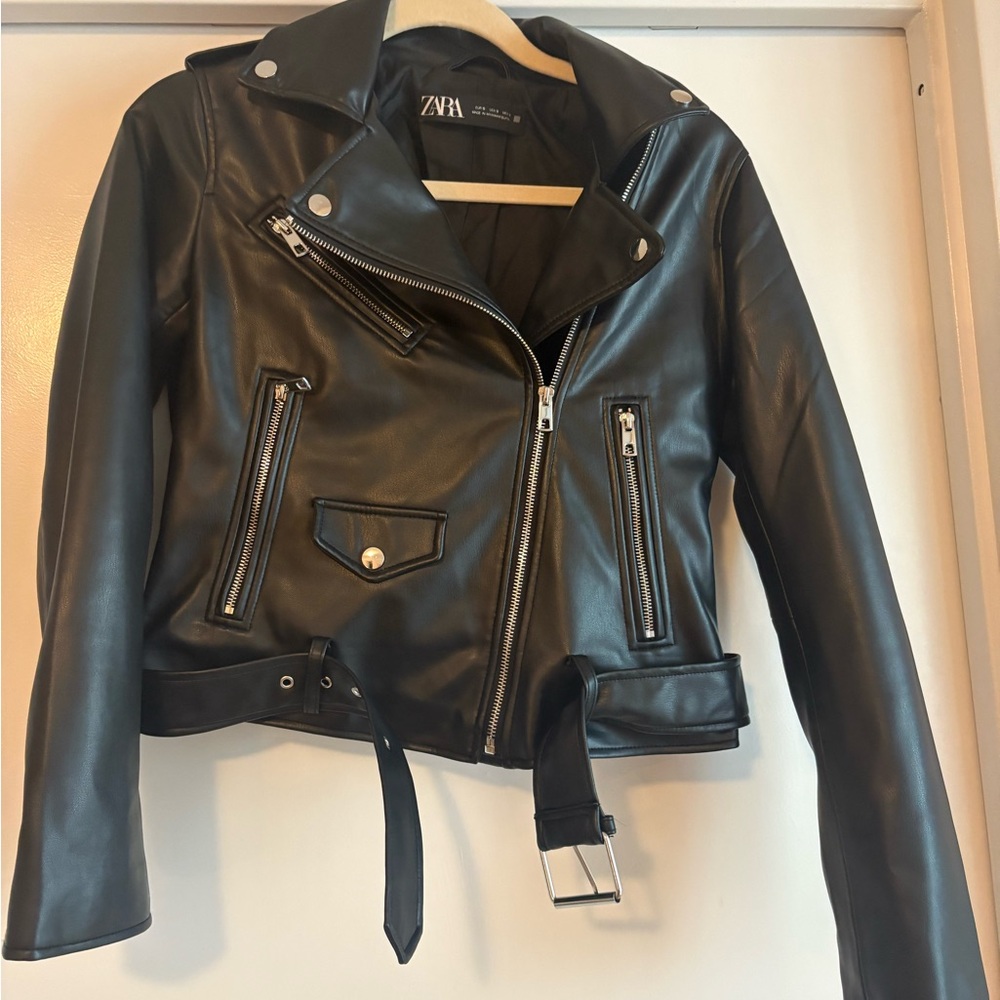 Zara Black Leather Moto Jacket Asymmetrical Design
